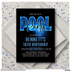 Blue Neon Pool Party Birthday Invitation