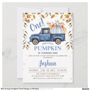 Blue Orange Pumpkin Truck Foliage 1st Birthday Invitation