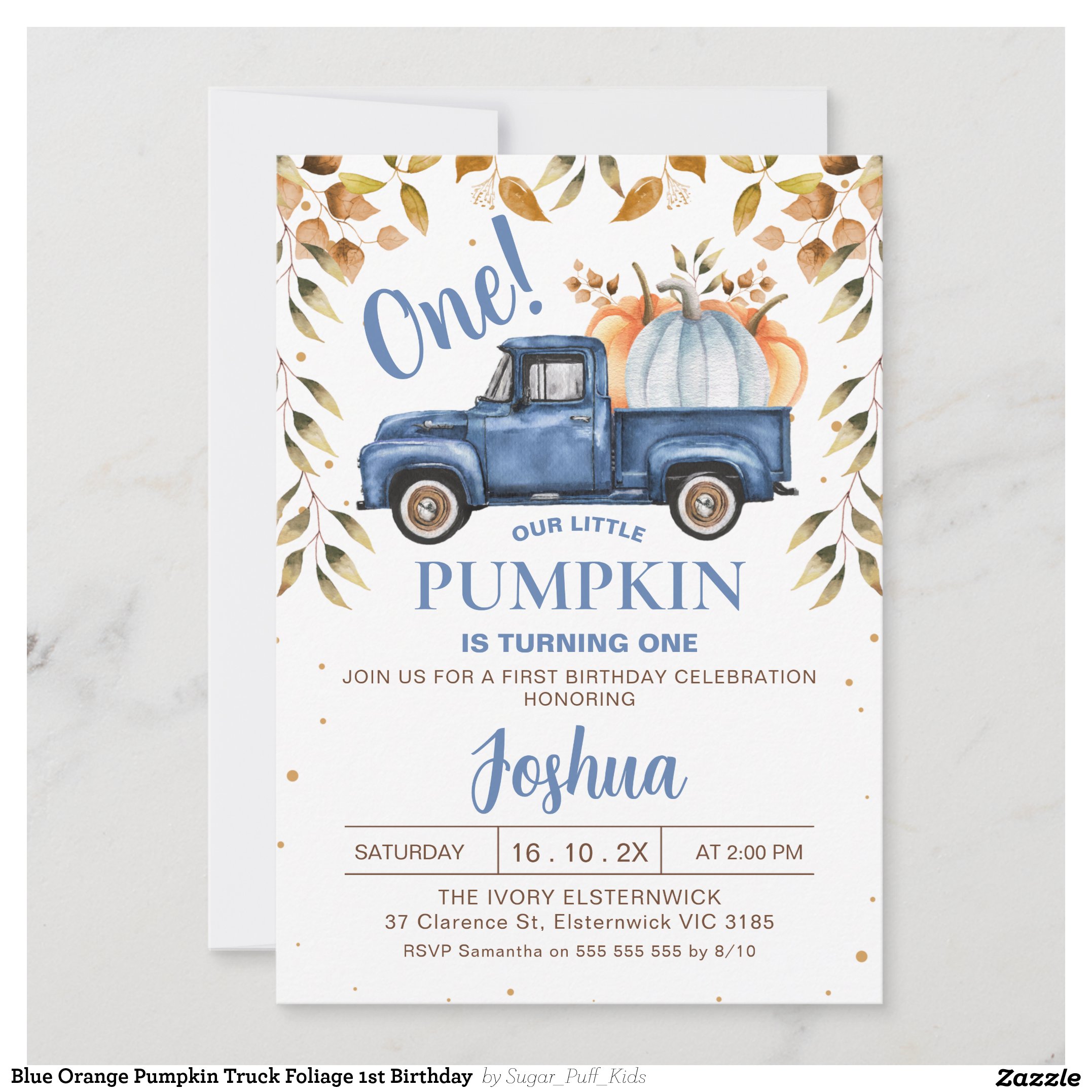 Blue Orange Pumpkin Truck Foliage 1st Birthday Invitation