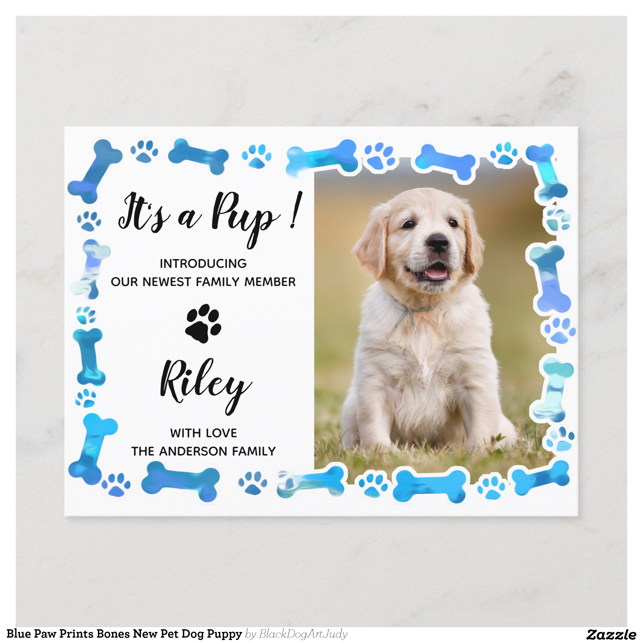 Blue Paw Prints Bones New Pet Dog Puppy Announcement Postcard