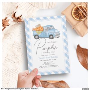 Blue Pumpkin Truck Gingham Boy 1st Birthday Invitation