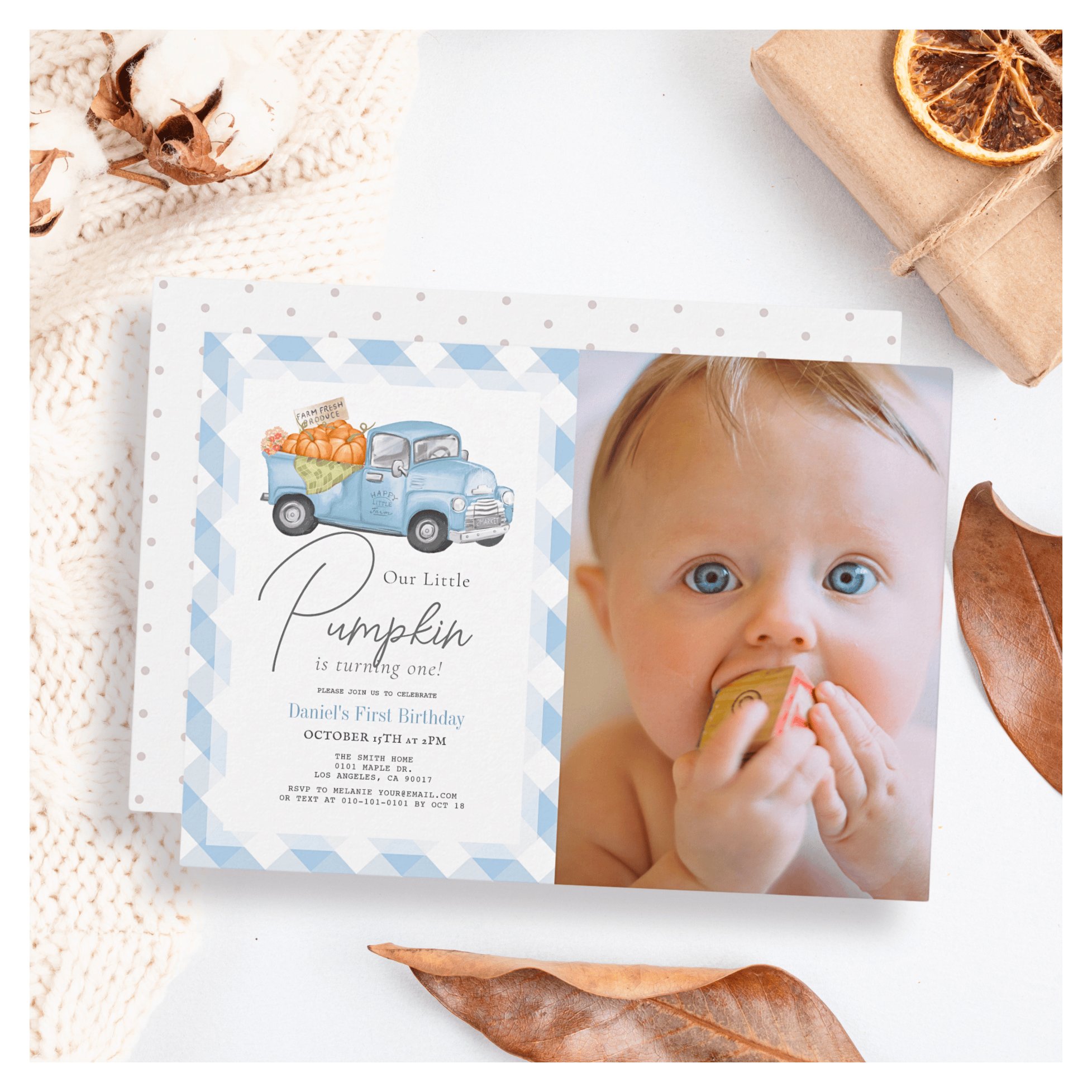 Blue Pumpkin Truck Gingham Boy Photo 1st Birthday Invitation