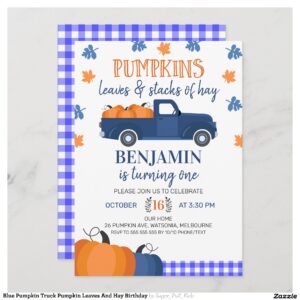 Blue Pumpkin Truck Pumpkin Leaves And Hay Birthday Invitation