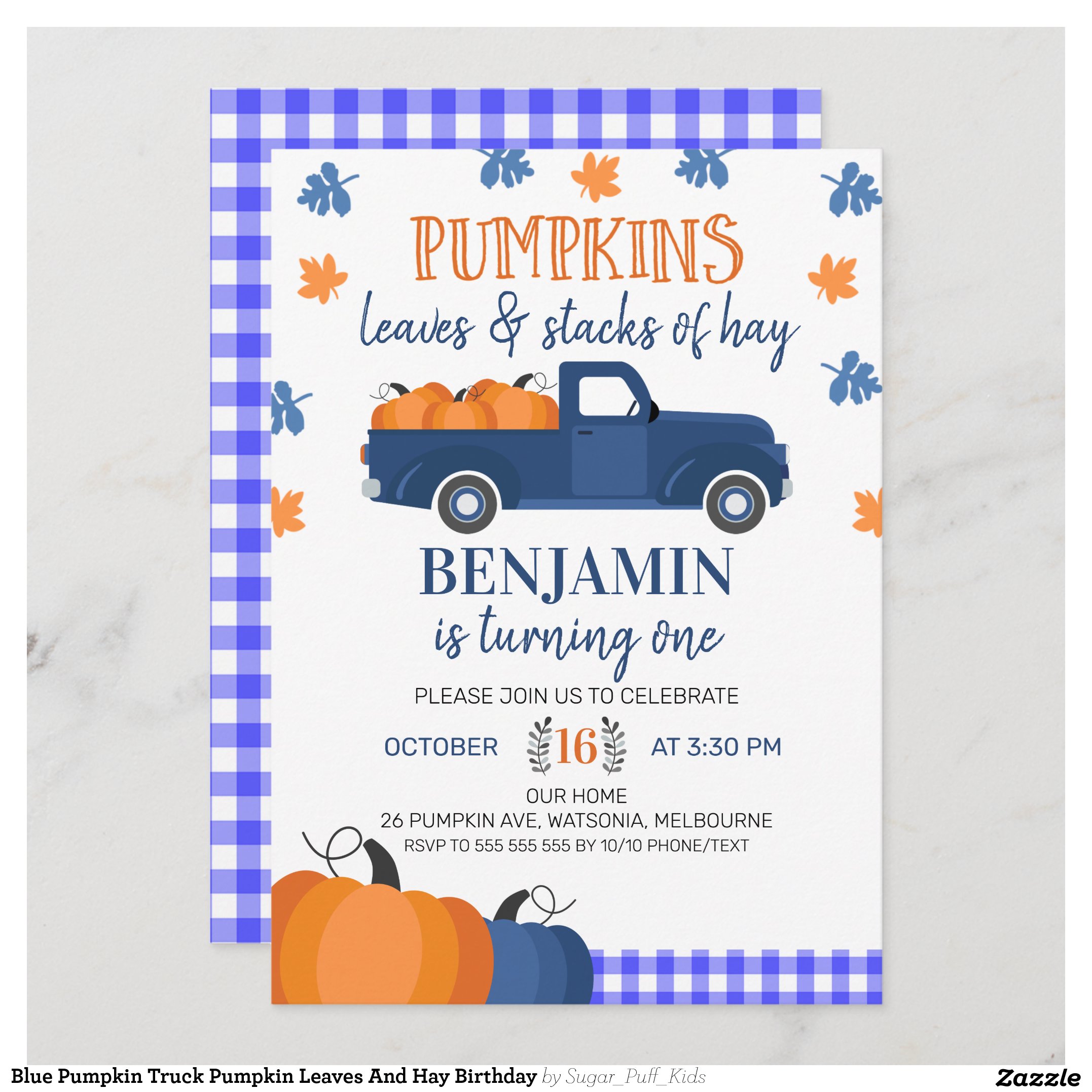 Blue Pumpkin Truck Pumpkin Leaves And Hay Birthday Invitation