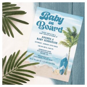 Blue Retro Baby On Board Surf Baby Shower Invitation