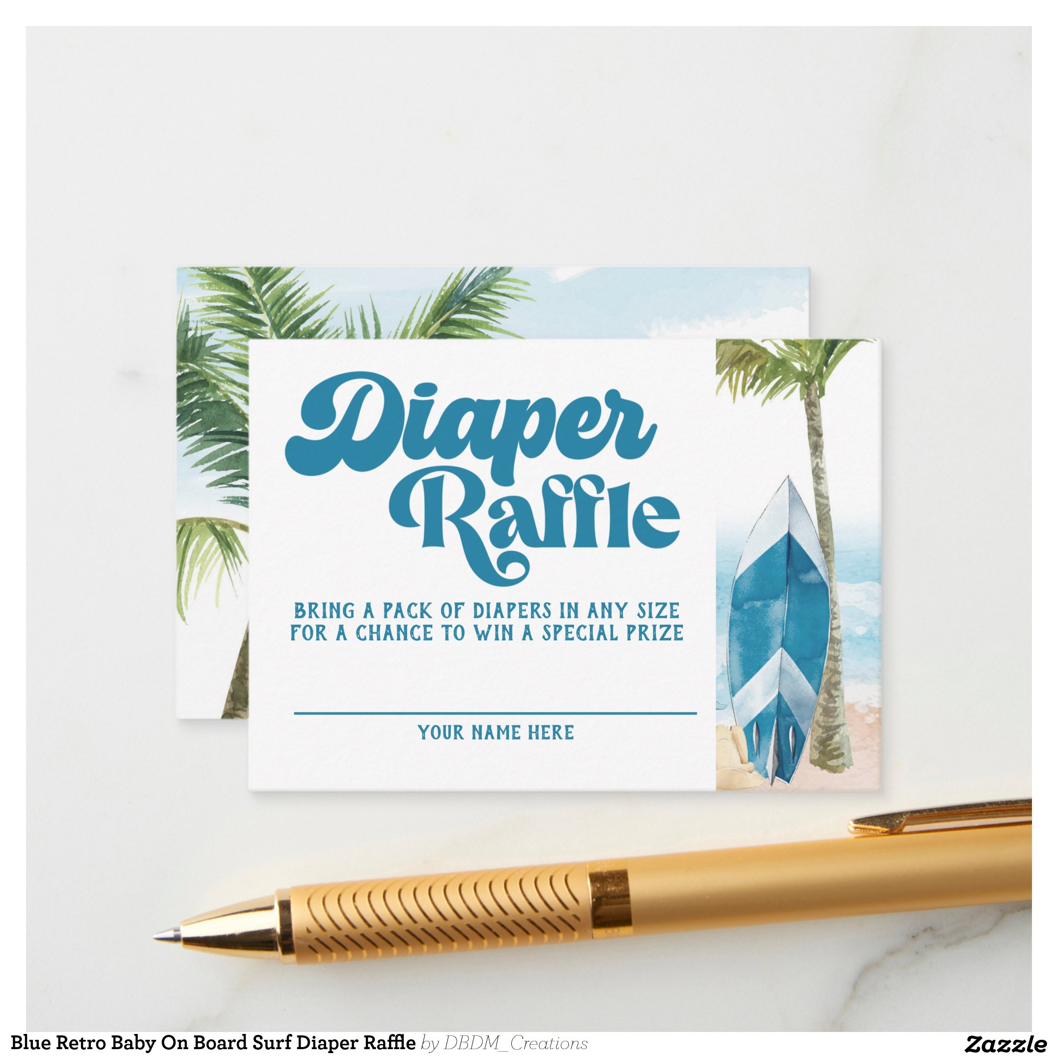 Blue Retro Baby On Board Surf Diaper Raffle Enclosure Card