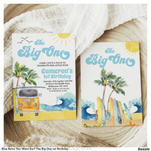 Blue Retro Van Wave Surf The Big One 1st Birthday Invitation