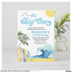 Blue Retro Wave Surf The Big One 1st Birthday Invitation