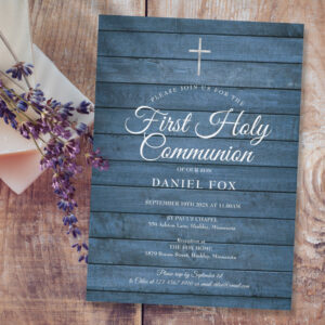 Blue Rustic Wood First Holy Communion Invitation