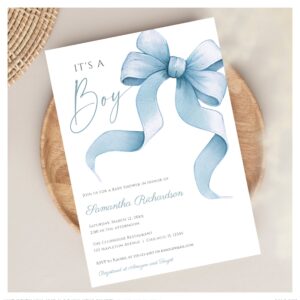 Blue watercolor bow It's a boy baby shower Invitation