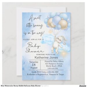 Blue Watercolor Bunny Rabbit Balloons Baby Shower Invitation
