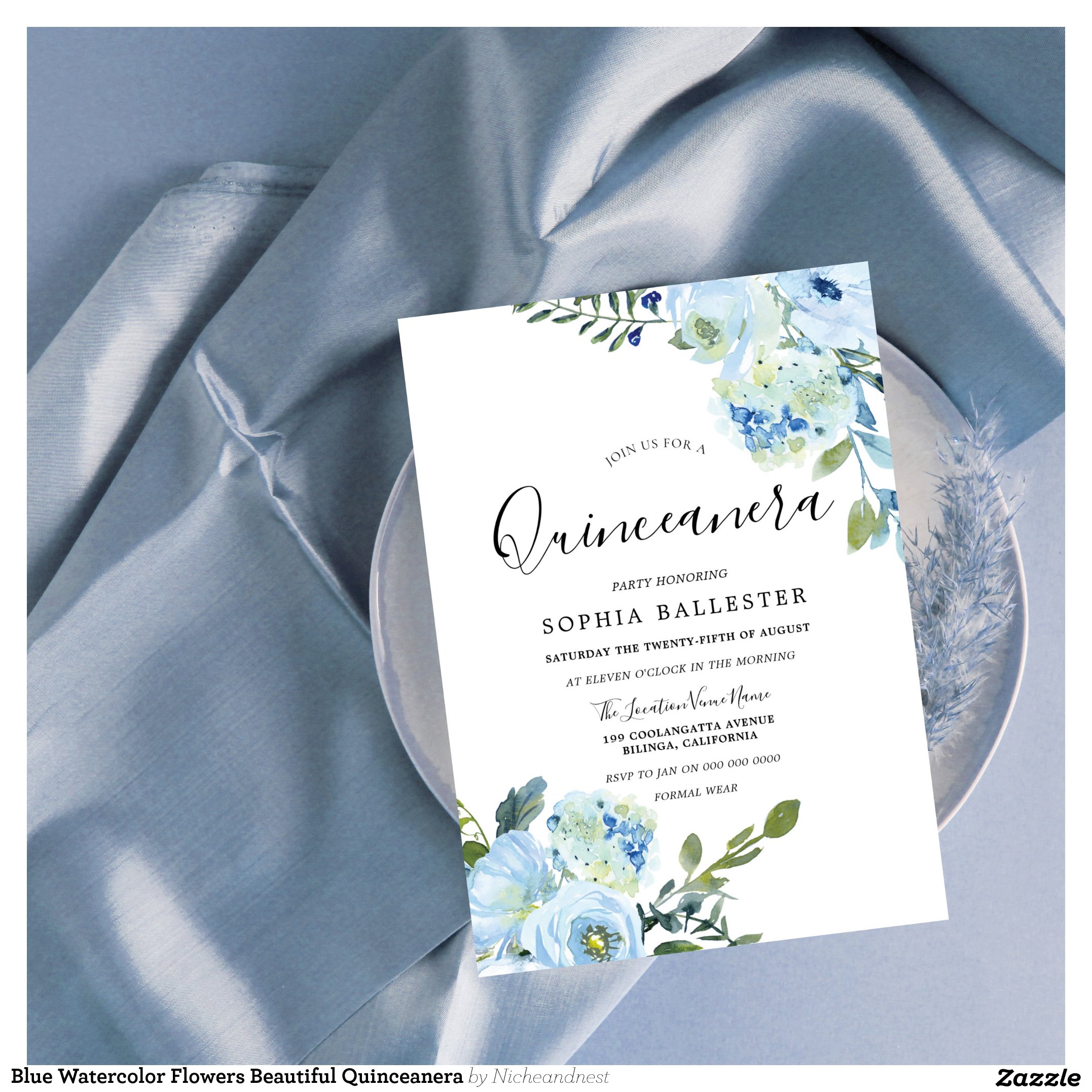 Blue Watercolor Flowers Beautiful Quinceanera Invitation