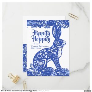 Blue & White Easter Bunny Brunch Egg Hunt Invitation Postcard