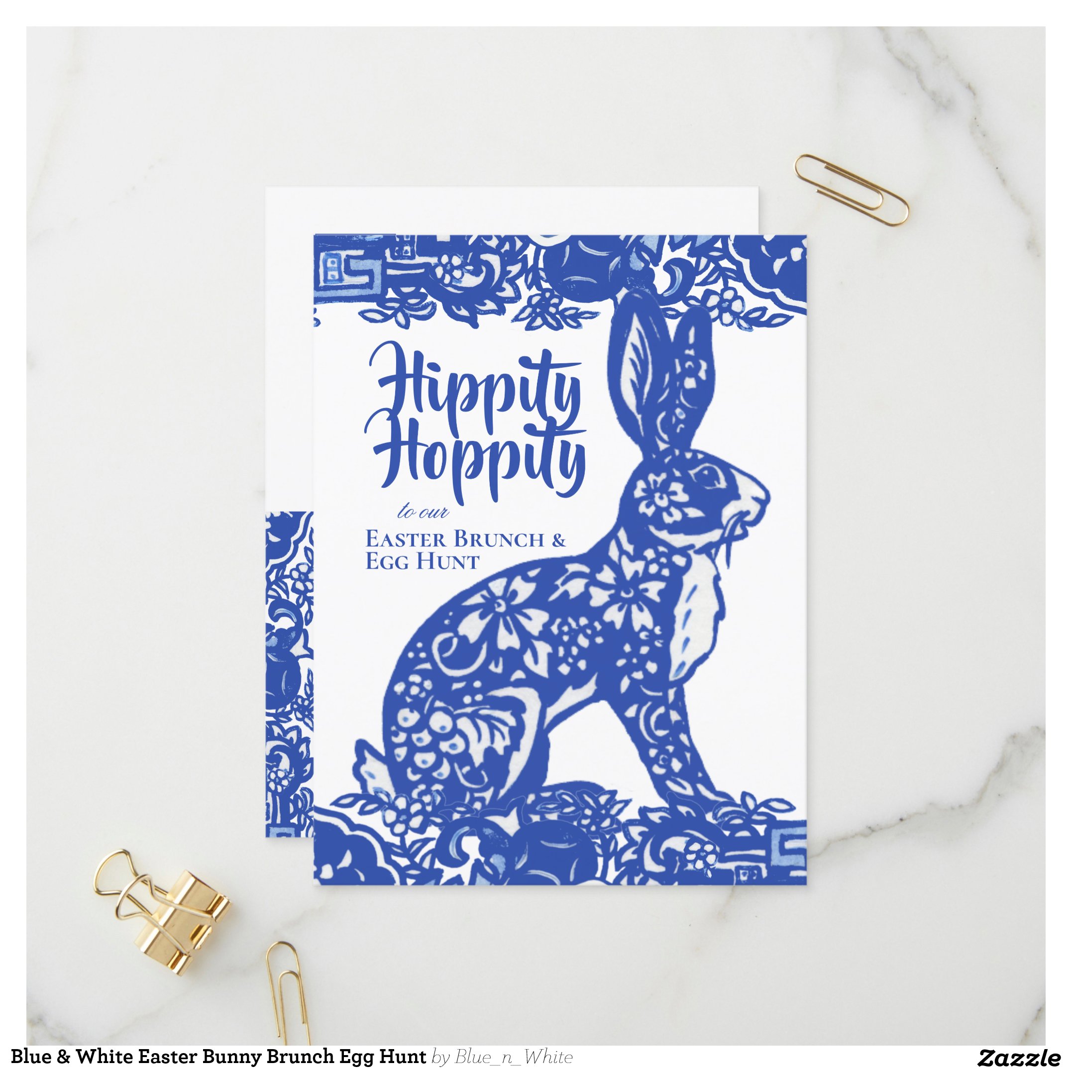 Blue & White Easter Bunny Brunch Egg Hunt Invitation Postcard
