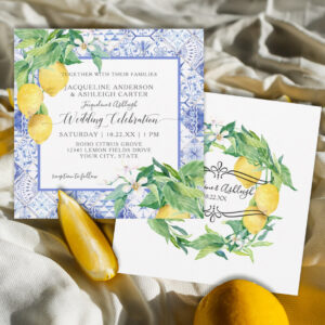 Blue White Tile Lemon Floral Citrus Foliage Rustic Invitation