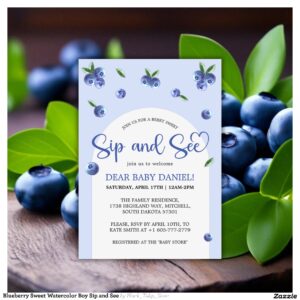 Blueberry Sweet Watercolor Boy Sip and See Invitation