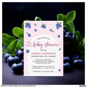 Blueberry Sweet Watercolor Girl Baby Shower Invitation