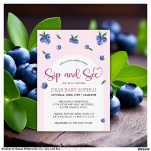 Blueberry Sweet Watercolor Girl Sip and See Invitation