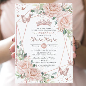 Blush Floral Butterflies Rose Gold Quincea?era Invitation