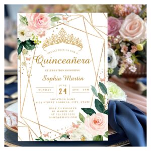 Blush Gold Floral Geometric Butterfly Quinceanera Invitation