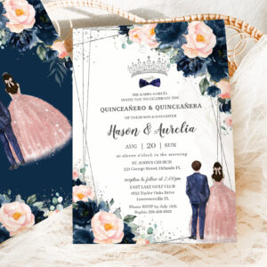 Blush Navy Blue Floral Twins Boy Girl Quincea?era Invitation