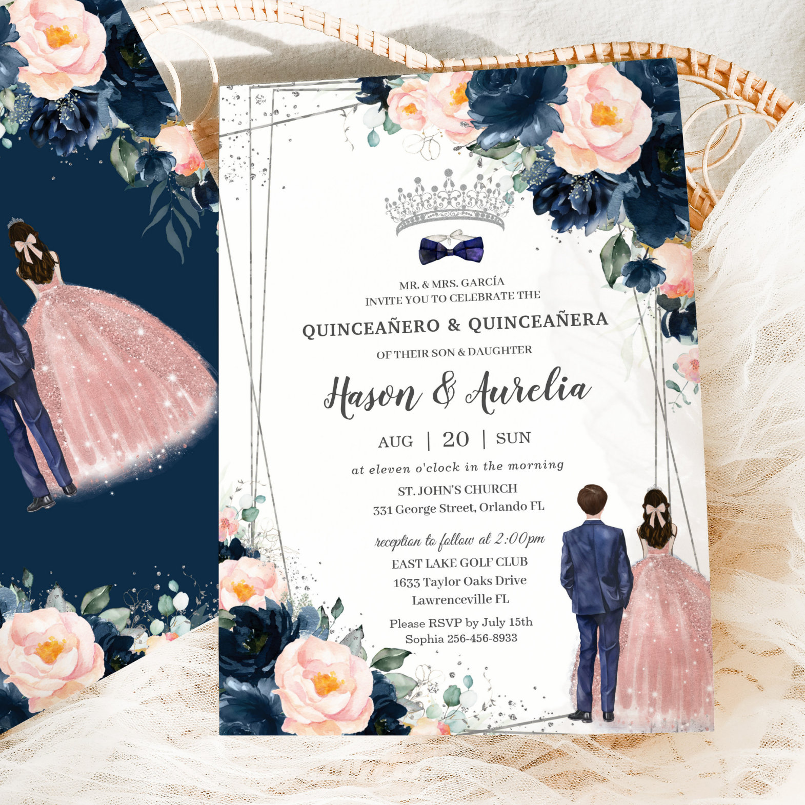 Blush Navy Blue Floral Twins Boy Girl Quincea?era Invitation