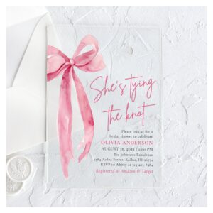 Blush Pink Bow She's Tying the Knot Bridal Shower Acrylic Invitations