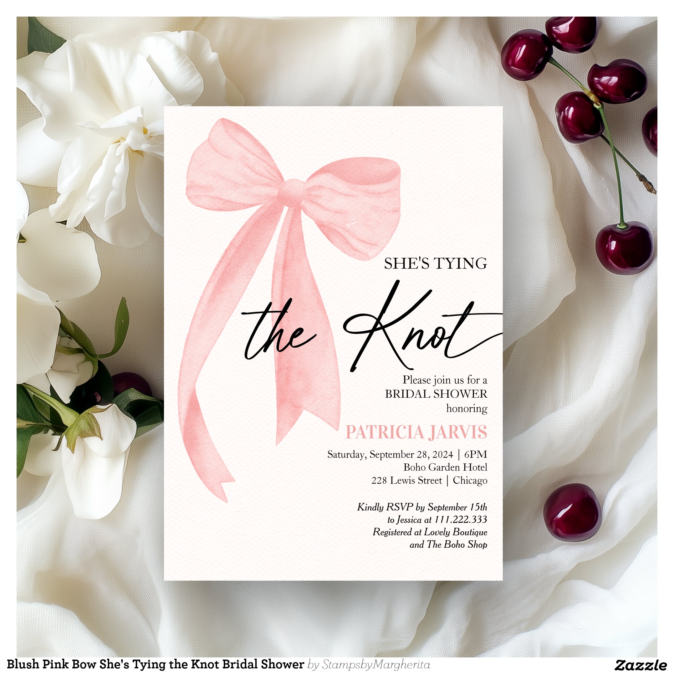 Blush Pink Bow She's Tying the Knot Bridal Shower Invitation