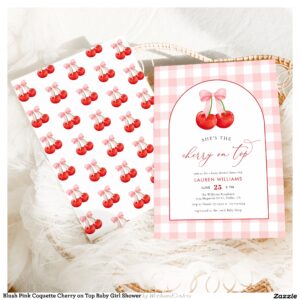 Blush Pink Coquette Cherry on Top Baby Girl Shower Invitation