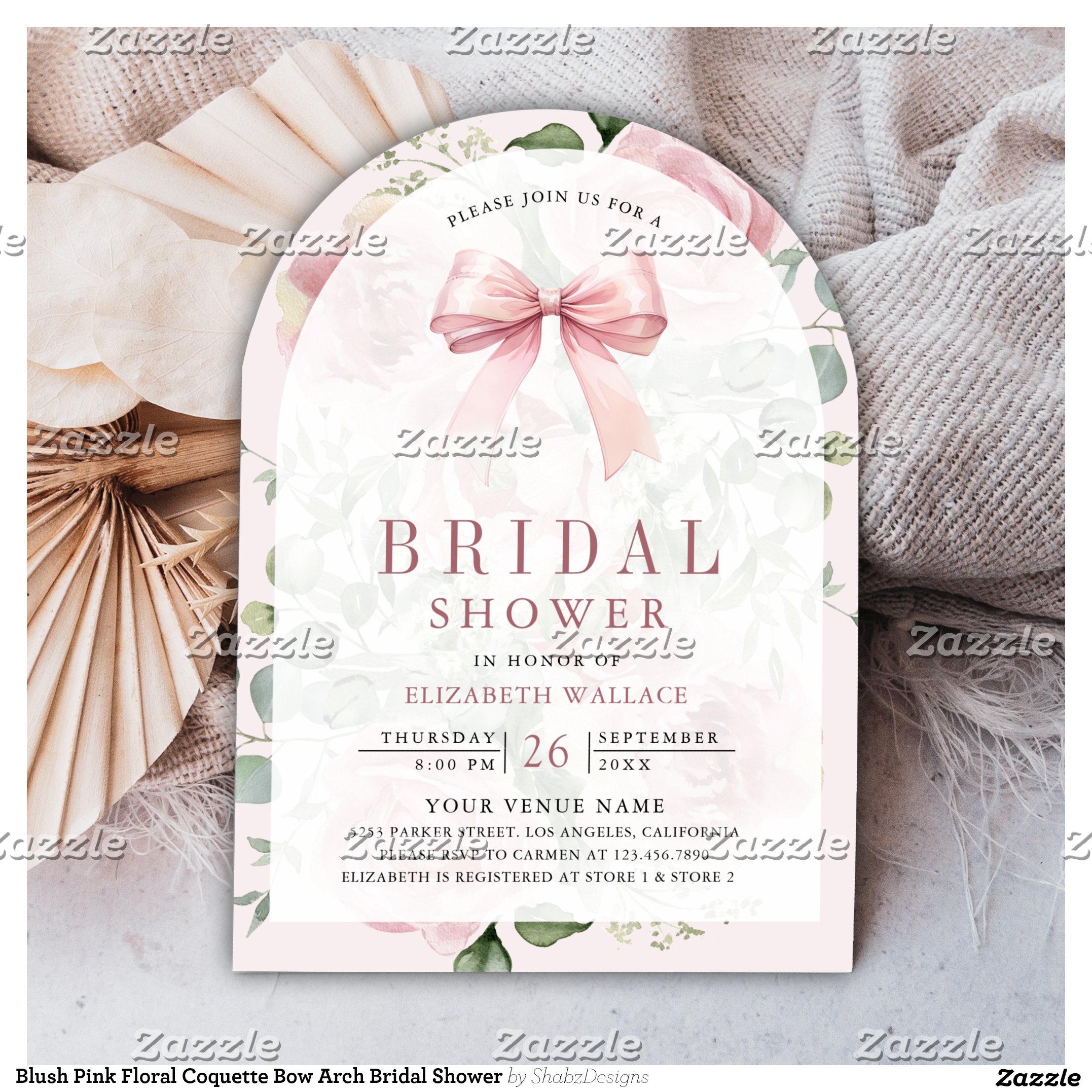 Blush Pink Floral Coquette Bow Arch Bridal Shower Invitation