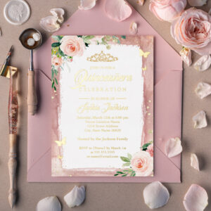 Blush Pink Gold Quinceanera Floral Sparkle Tiara Foil Invitation