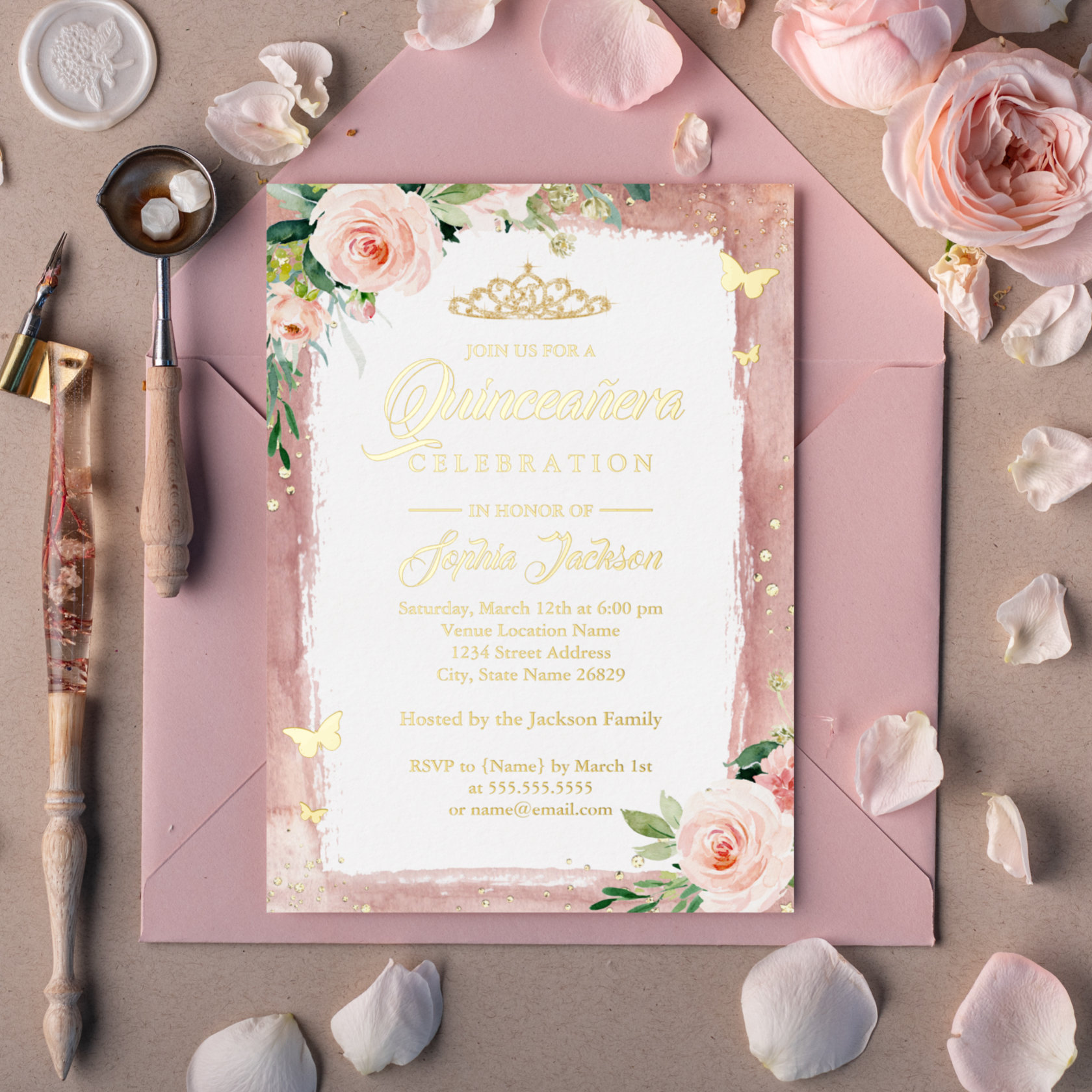 Blush Pink Gold Quinceanera Floral Sparkle Tiara Foil Invitation