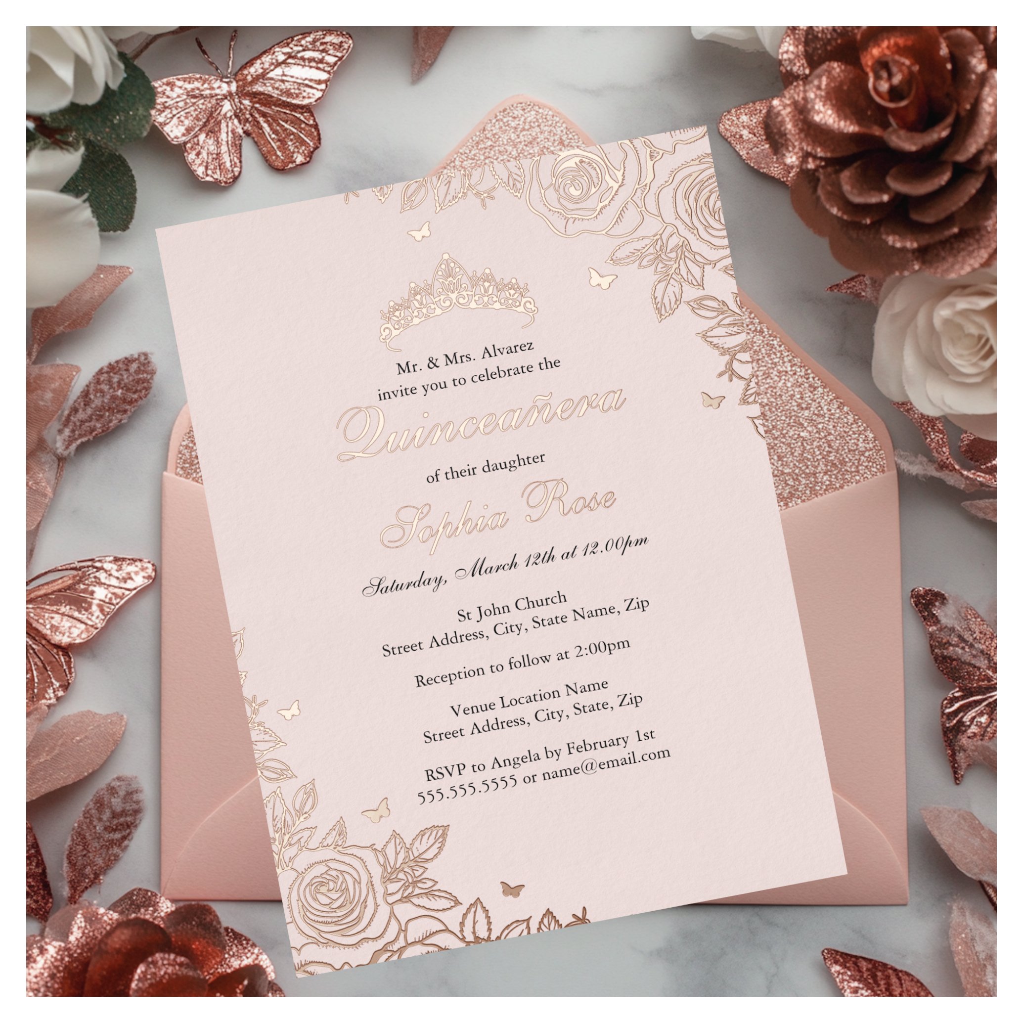 Blush Pink Rose Gold Floral Quinceanera Birthday Foil Invitation