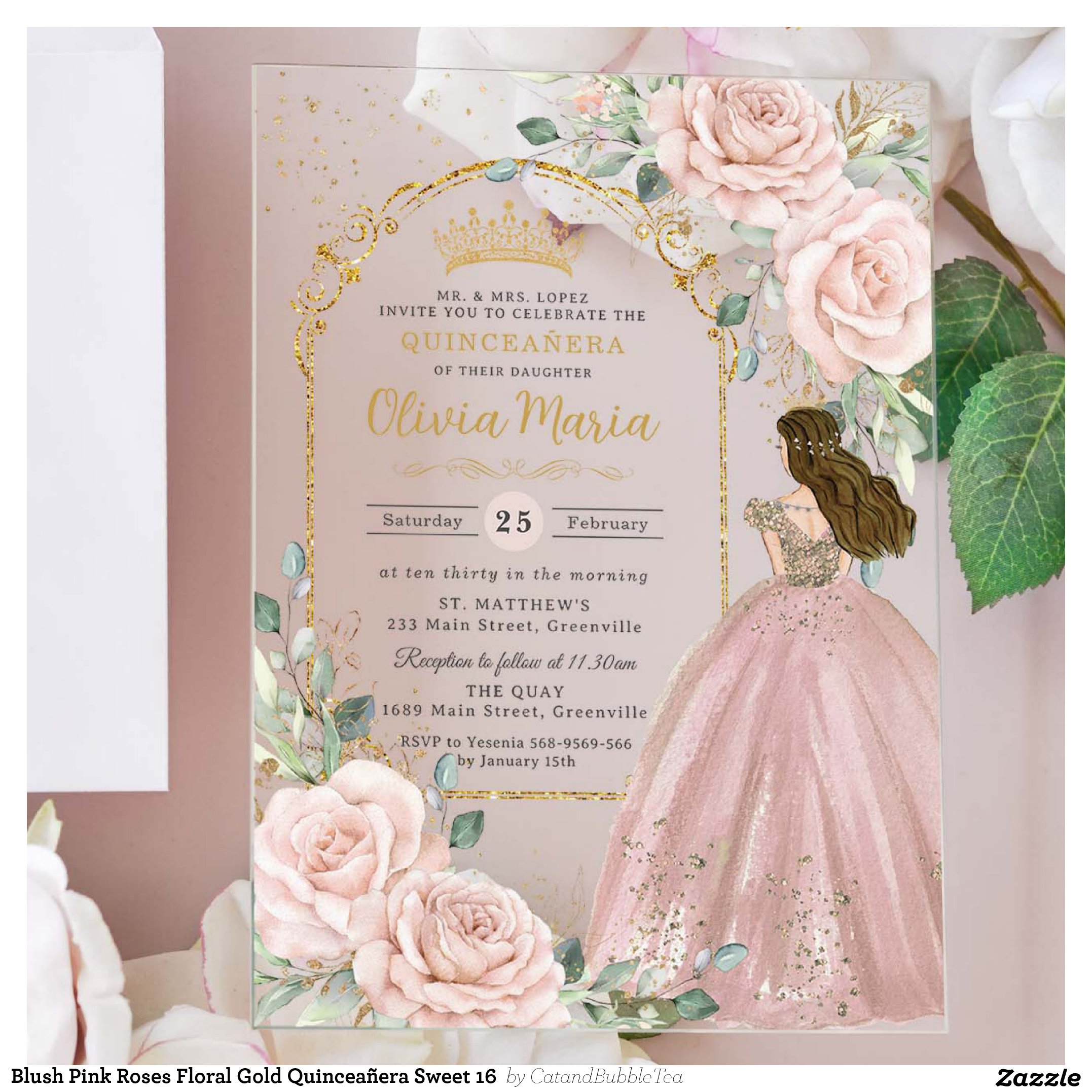 Blush Pink Roses Floral Gold Quincea?era Sweet 16 Acrylic Invitations
