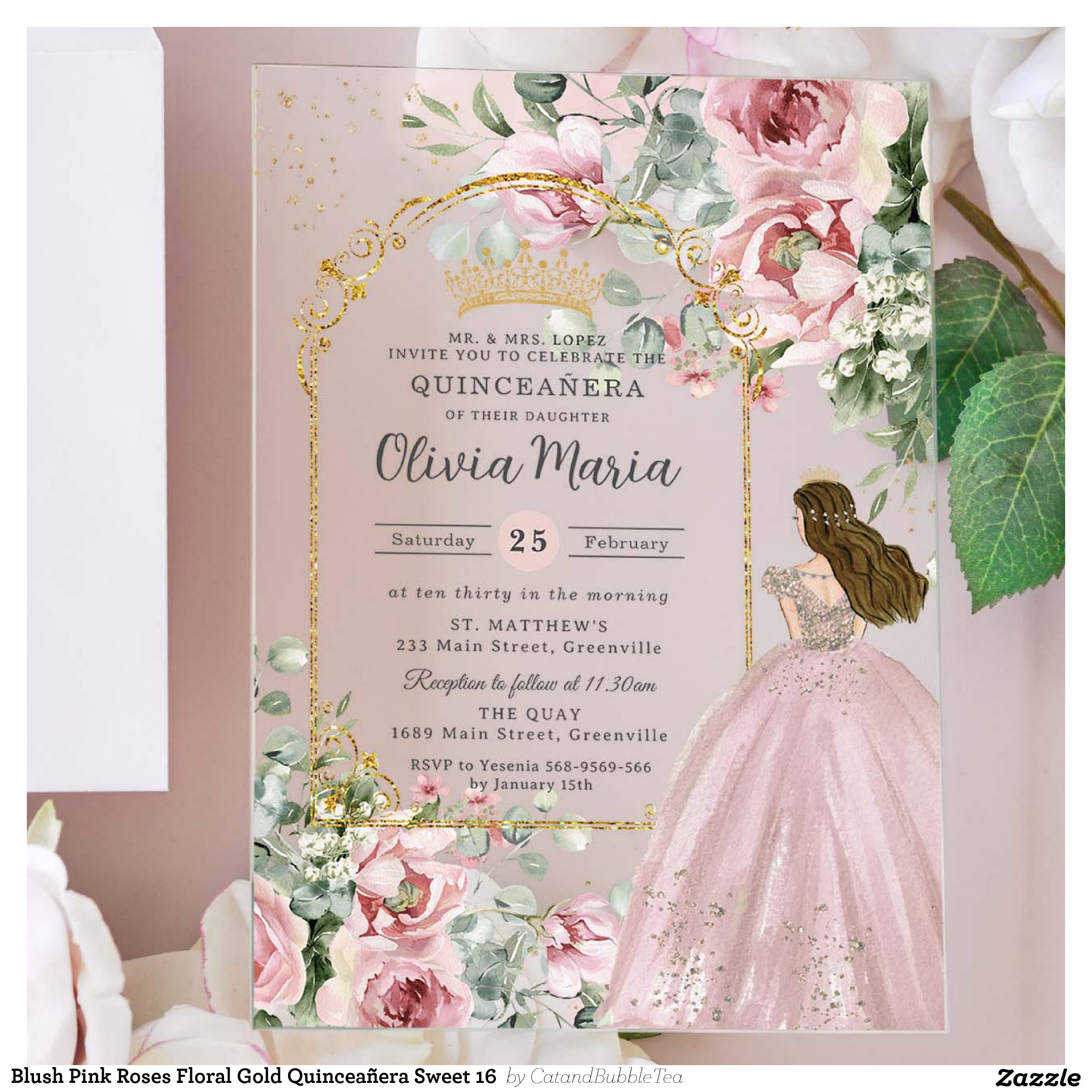 Blush Pink Roses Floral Gold Quincea?era Sweet 16 Acrylic Invitations