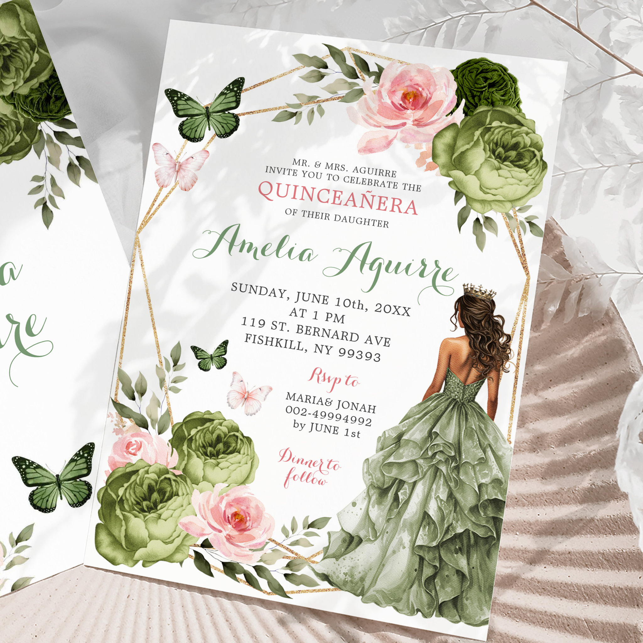 Blush Pink Sage Green Floral Mexican Quincea?era Invitation