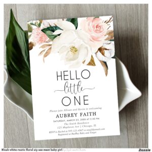 Blush white rustic floral sip see meet baby girl invitation