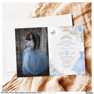 Boho Blue Silver Quincea?era 15th Birthday Photo Invitation