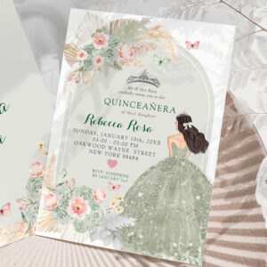 Boho Blush Pink Sage Green Princesa Quincea?era Invitation
