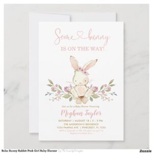 Boho Bunny Rabbit Pink Girl Baby Shower Invitation