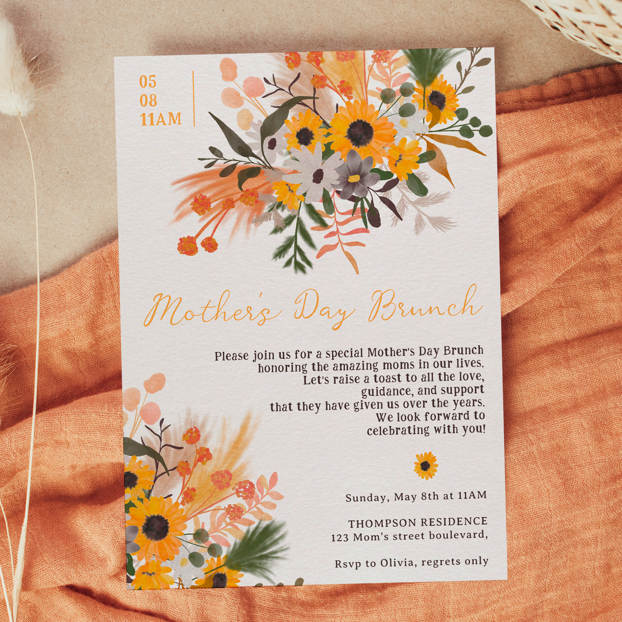 Boho chic rustic orange sunflowers mother's day invitation