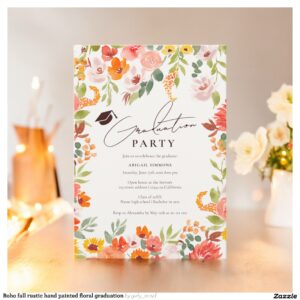 Boho fall rustic hand painted floral graduation invitation