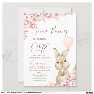 Boho Floral Bunny Balloon 1st Birthday Invitation