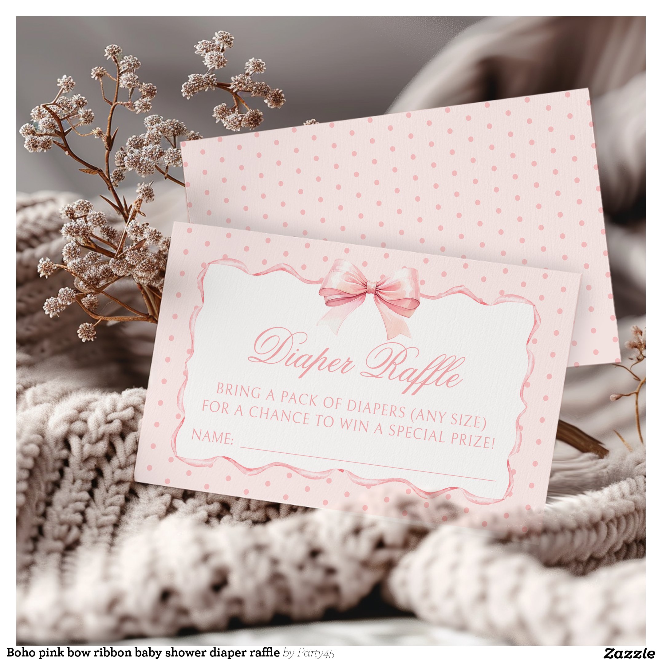 Boho pink bow ribbon baby shower diaper raffle enclosure card
