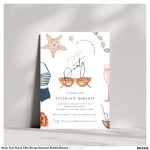 Boho Pool Party Chic Script Summer Bridal Shower Invitation