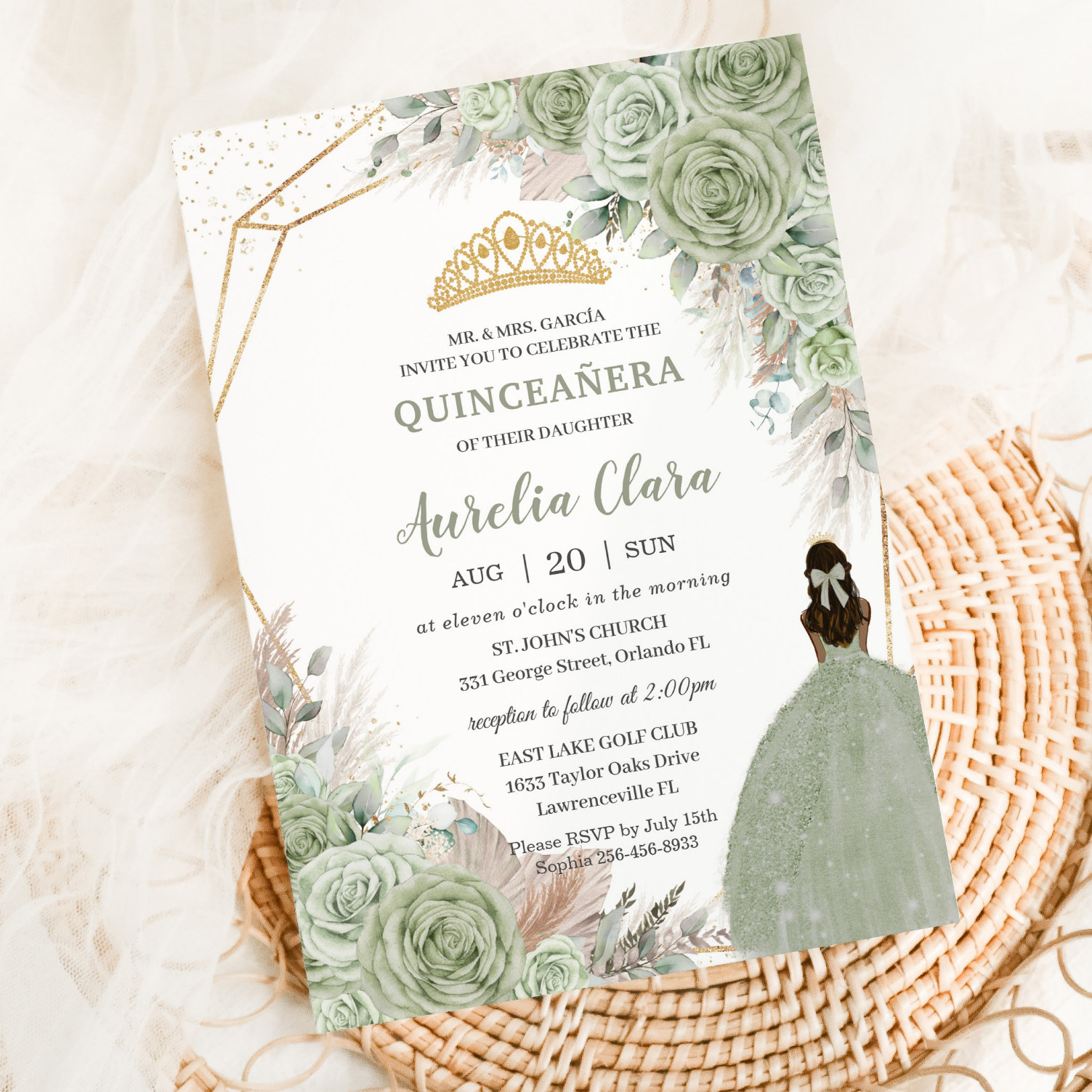 Boho Quinceanera Sage Green Floral Pampas Grass Invitation