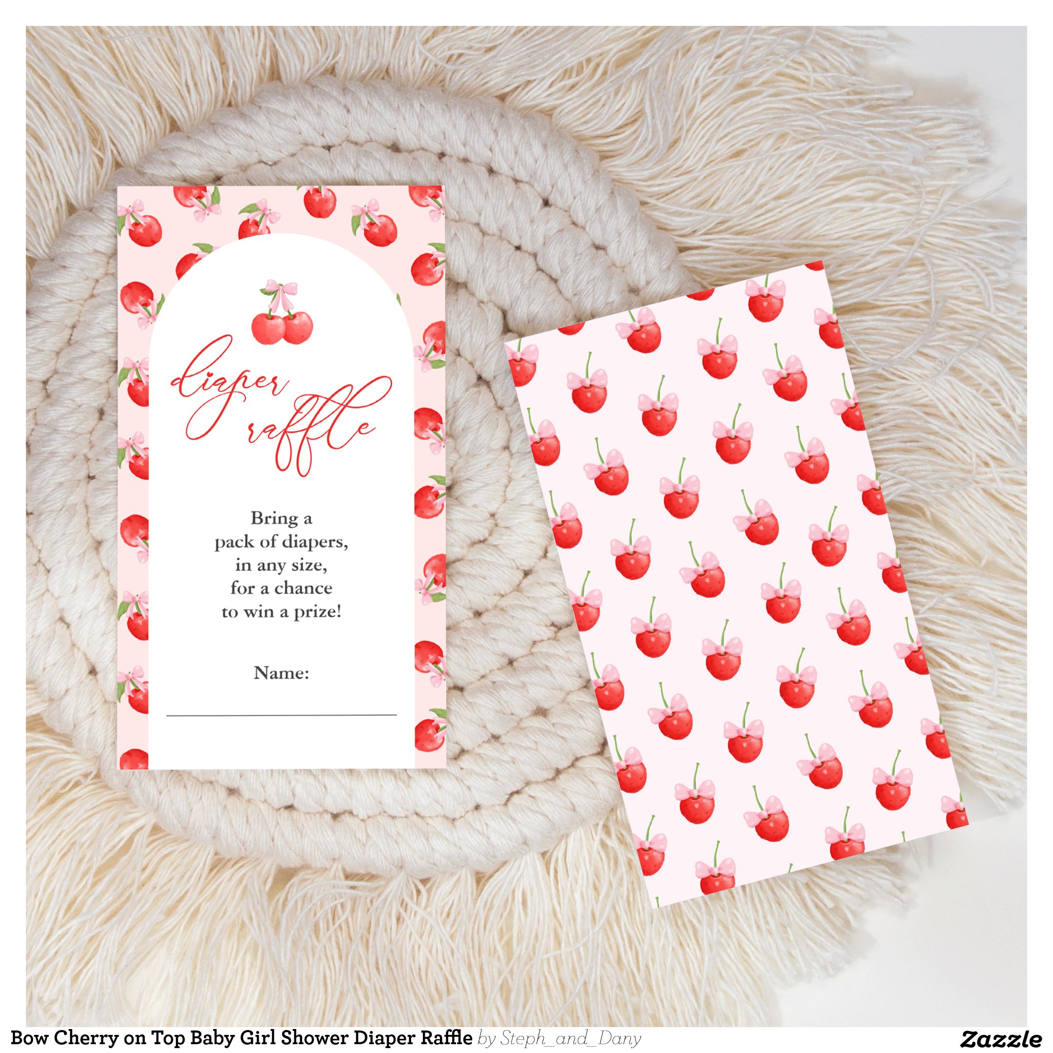 Bow Cherry on Top Baby Girl Shower Diaper Raffle Enclosure Card