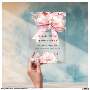 Bow pink florals clear Quinceanera Acrylic Invitations