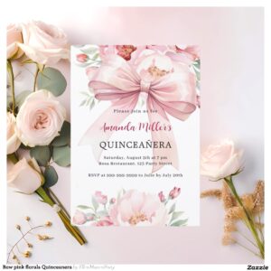 Bow pink florals Quinceanera Invitation