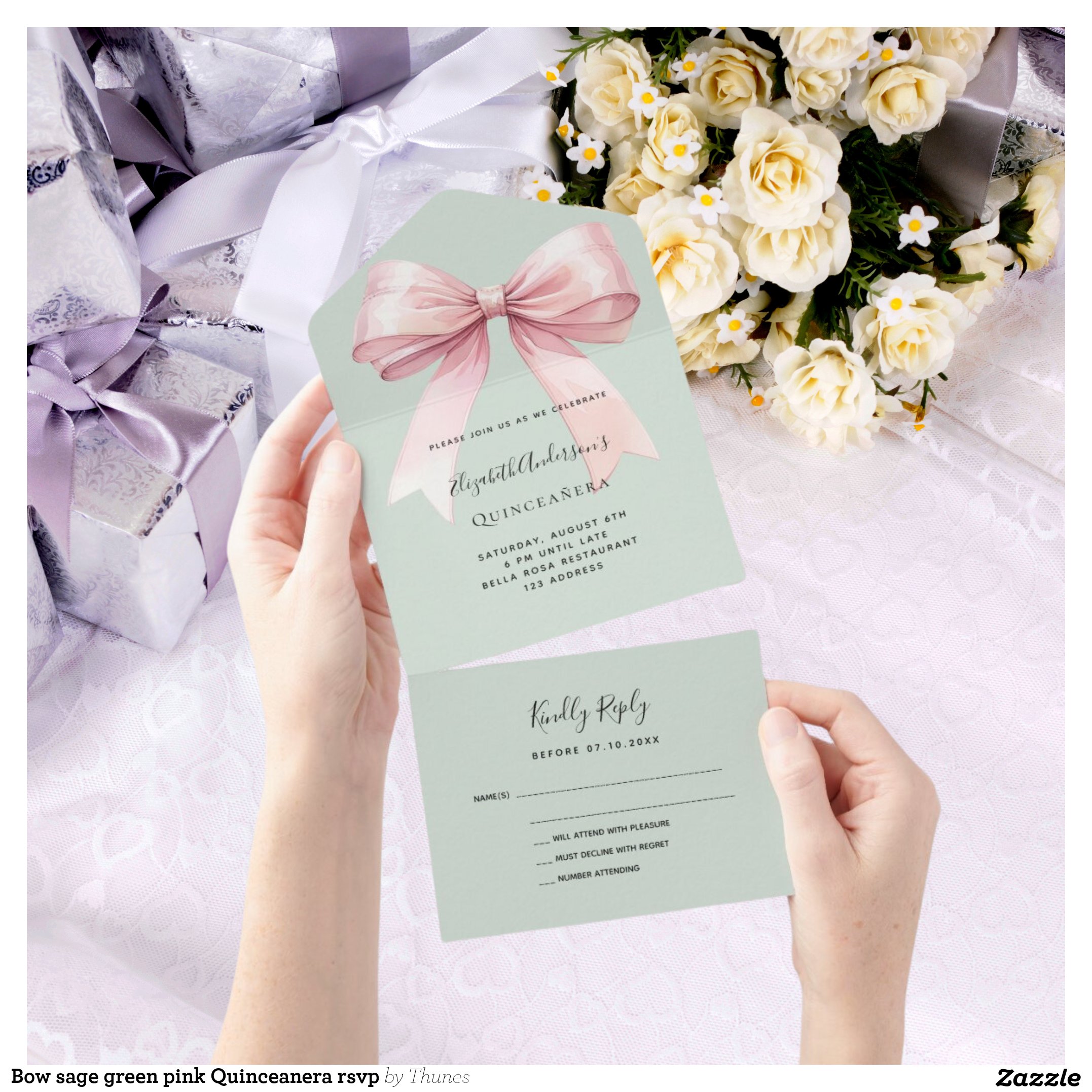 Bow sage green pink Quinceanera rsvp All In One Invitation